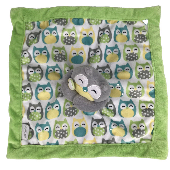 Carters Gray Owl Plush Lovey Print Security Blanket Blankey Green 13x13" #44606R - Picture 1 of 9